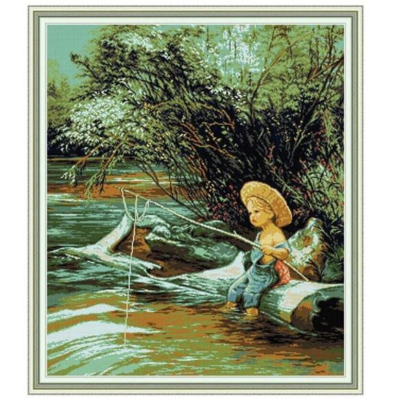 Fishing Boy Stamped Cross Stitch Kit Country River Overalls Joy Sunday 29.5 x 34 - Picture 1 of 5